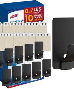 TAILI Hooks for Hanging.10 Metal Sticky Hooks and 14 Adhesive Strips. Black Stainless Steel Hooks for Painted Wall. No Damage Small Adhesive Hooks. Removable & Reusable for Kitchen. Home Storage