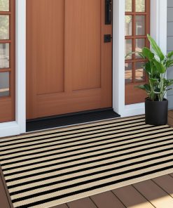 OJIA Outdoor Porch Rug Front Door Mat 24x51. Washable Black and Tan Striped Outdoor Rugs Front Door Rugs Cotton Woven Kitchen Rugs Small Area Rugs for Entryway/Patio/Entry/Outside Entrance Decor